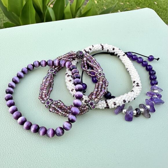 Purple Glass Seed Bead Cat Eye Amethyst Rhinestone Stretch Bracelet Stack - Picture 4 of 7